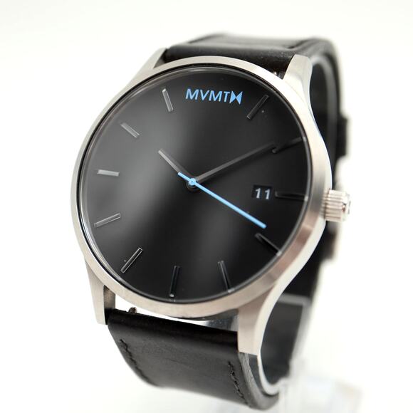 MVMT Classic Mens Dress Watch 45mm Date Dial Black Leather w New Battery - Picture 1 of 14